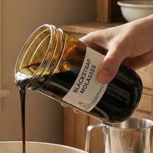 Dark molasses being poured slowly from a jar.