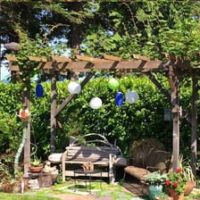 A leafy garden arbor casting shade over a path
