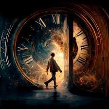 A science-fiction illustration of a traveler moving through a glowing time portal