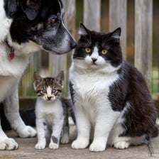 A fluffy dog and a cat sitting side by side.