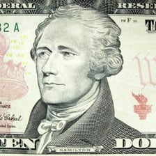 A U.S. ten-dollar bill featuring Alexander Hamilton.