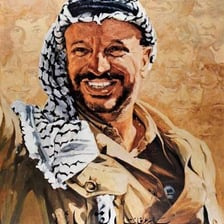 A portrait of Yasir Arafat, the Palestinian leader.