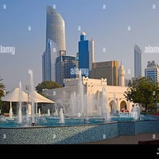A view of Abu Dhabi’s modern skyline and streets.