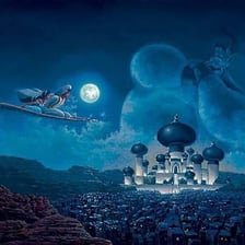 Aladdin and Jasmine flying on a magic carpet in a nighttime scene