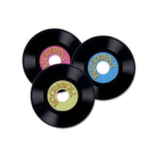 A long-playing vinyl record beside a 45 rpm single