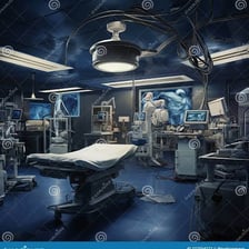 A hospital operating room with a surgical table