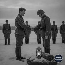 Opposing soldiers observing a ceasefire and meeting peacefully