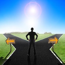 A person standing at a fork in a path, illustrating a decision.