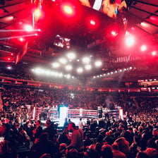 A boxing ring inside a crowded arena.