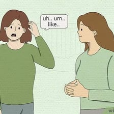 One person speaks while another listens with a skeptical expression.