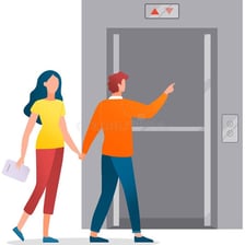 A person holding an elevator door open while another passenger enters.