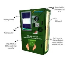 Returnable bottles beside a deposit-return machine.