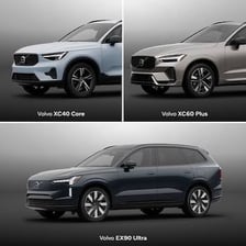 Volvo EX30, EX40, and XC60 vehicles shown together.