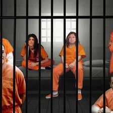 A person in a prison cell behind bars