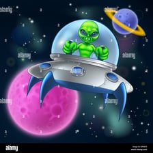 An illustration of extraterrestrials near a flying saucer.
