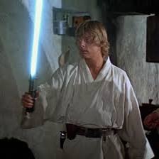 Jedi characters holding glowing lightsabers