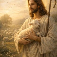 A shepherd caring for a lamb in a grassy pasture.