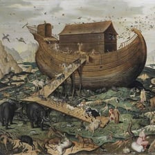 An illustration of Noah’s Ark as a large wooden boat carrying animals.