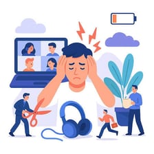 A tired worker sitting in front of a video meeting screen