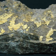 A rock specimen showing a vein of gold-bearing ore.