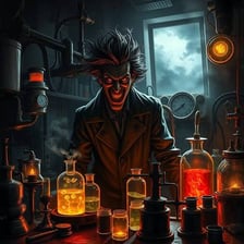 A dramatic illustration of a disheveled person in a laboratory.