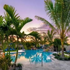 A vacation resort beside a tropical beach.