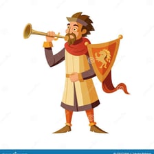 A medieval herald raising a hand to call for attention.