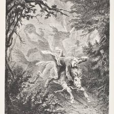 An artistic depiction of the Headless Horseman riding a horse.