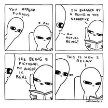 A reader holding a novel with a disappointed or accusatory reaction