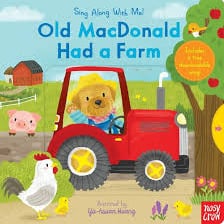 An illustration of a farmer singing with farm animals