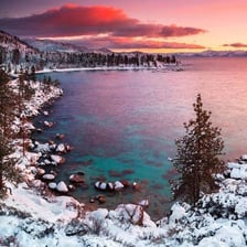 A winter view of Lake Tahoe near sunset