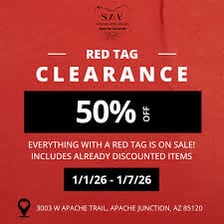 A red discount tag attached to merchandise