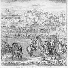 Two opposing armies facing one another in a historical battle scene.