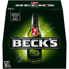 A Beck’s beer bottle bearing the brand’s green-and-red logo