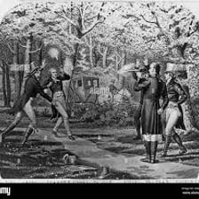 Artistic depiction of the Hamilton–Burr duel at dawn