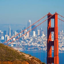 The San Francisco skyline with the Golden Gate Bridge.