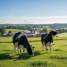 A cow grazing in a green field