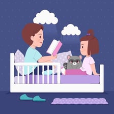 A child kneeling beside a bed at bedtime.