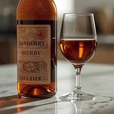 A glass and bottle of fortified wine such as port or sherry.