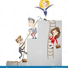 An illustration of people positioned at different levels of a symbolic ladder.