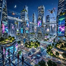 A conceptual illustration of a modern city extending toward a bright future.