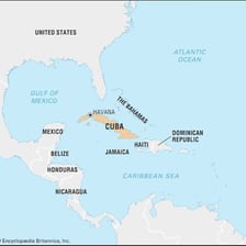 Map showing Cuba as an island in the Caribbean Sea