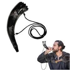 A person blows a horn in a medieval-style scene.