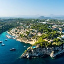 Aerial coastal scenery from one of Spain's Balearic Islands.