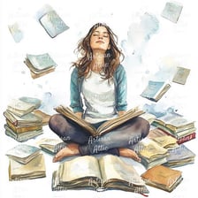 A person reading a book beside a stack of books.