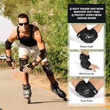 A roller skater wearing protective pads on the elbows.
