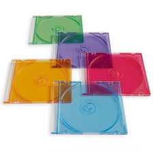 Compact discs displayed in jewel cases and plastic sleeves