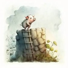 An illustrated pig balancing on a ladder, evoking Animal Farm.