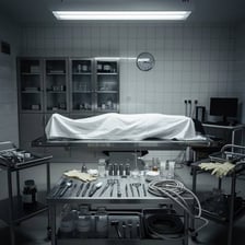 A forensic examination setting associated with an autopsy.