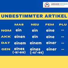 A German-language example showing the feminine indefinite article “eine.”